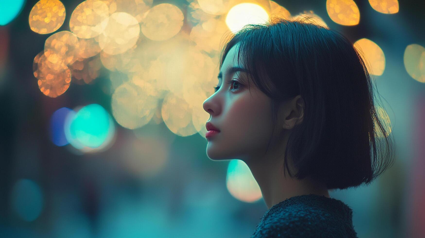 Woman gazing in colorful city lights. Beautiful portrait with bokeh. Mysterious, dreamlike, serene, calm, and pensive profile. Night vibes. photo