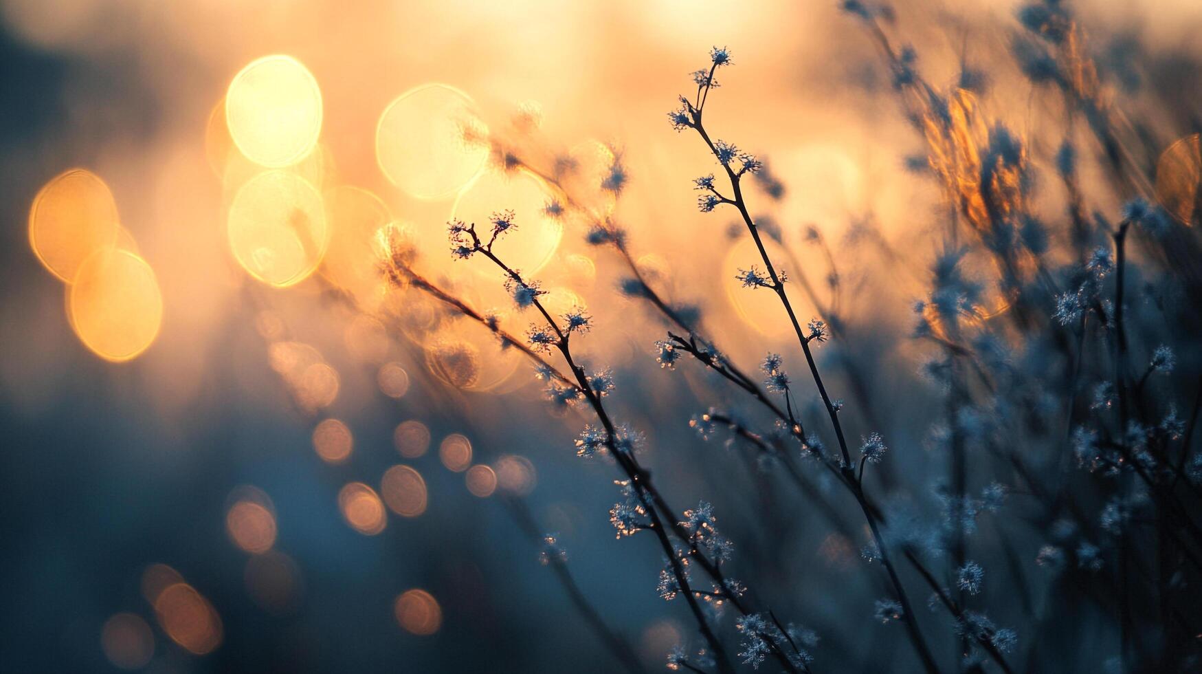 Delicate winter flora stands against a soft sunset, highlighting its intricate details with an ethereal, golden light. photo