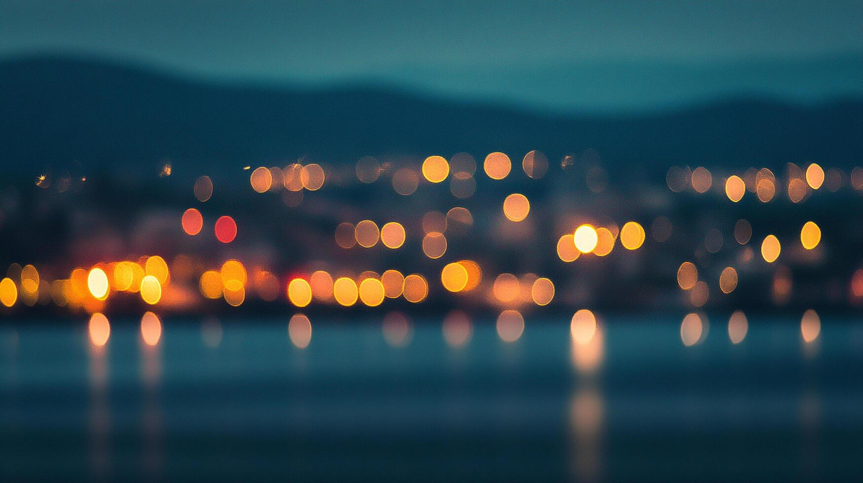 Bokeh lights illuminate a tranquil waterfront scene at twilight, creating a mesmerizing and dreamy atmosphere. photo
