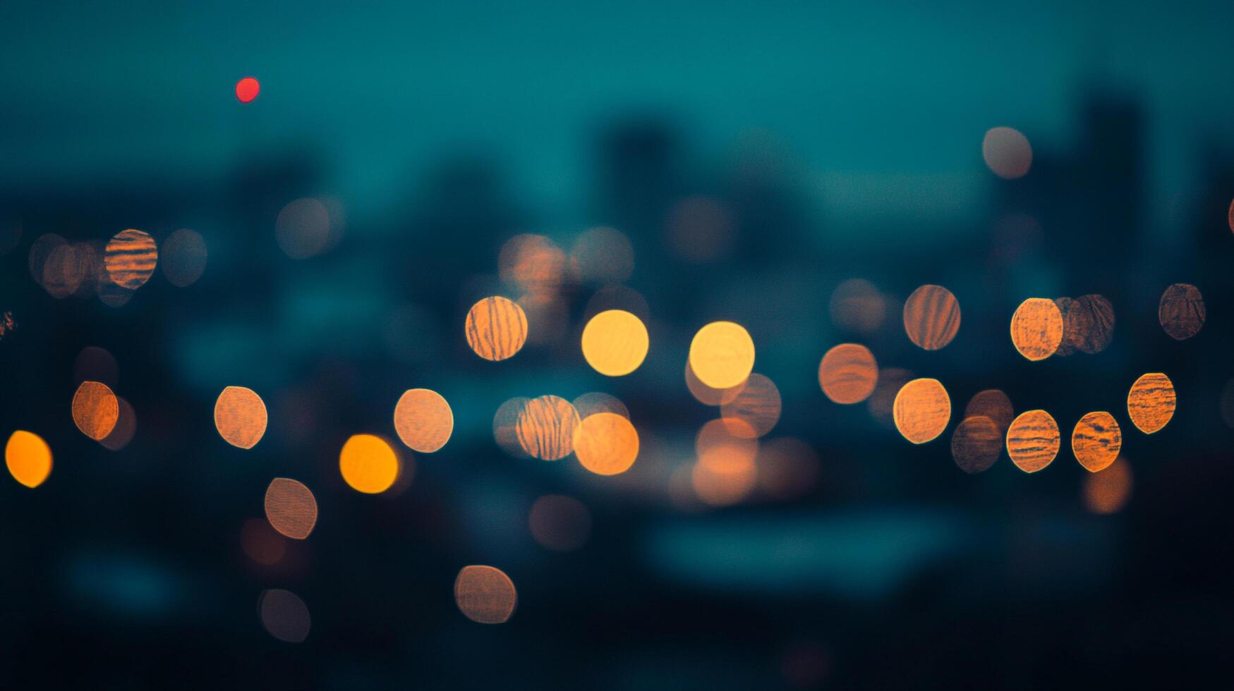Blurred lights paint an abstract cityscape. A cool, moody atmosphere, with the bokeh effect creating soft, glowing orbs against the twilight. photo