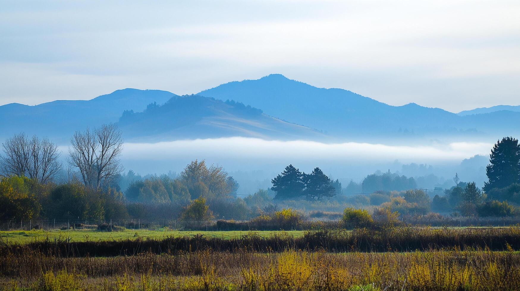 A serene landscape with misty lowlands in the background, distant mountains, and a tranquil sky above the scene, trees and shrubs. photo