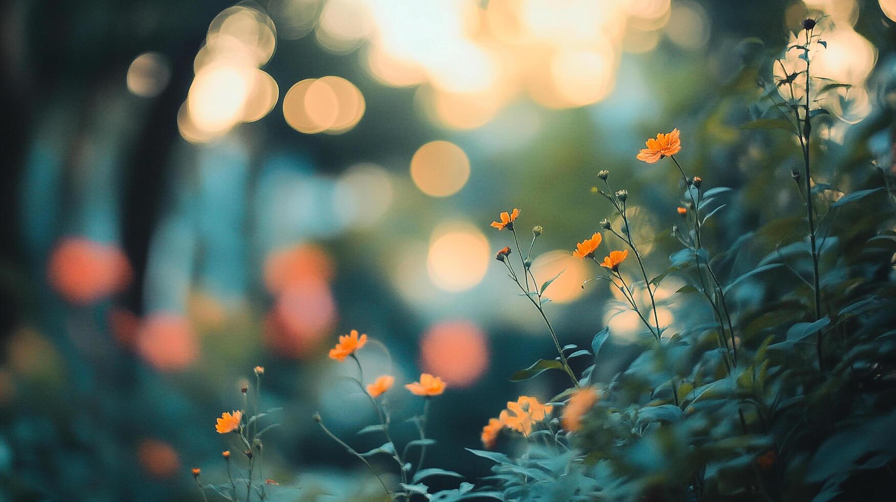 Orange flowers blooming in a garden with sunlight filtering through the trees, creating a dreamy and peaceful atmosphere. photo