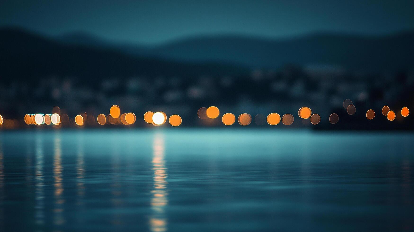 Nocturnal water reflection blurs city lights, creating a serene, dreamlike seascape. Golden orbs dance across the tranquil surface. photo