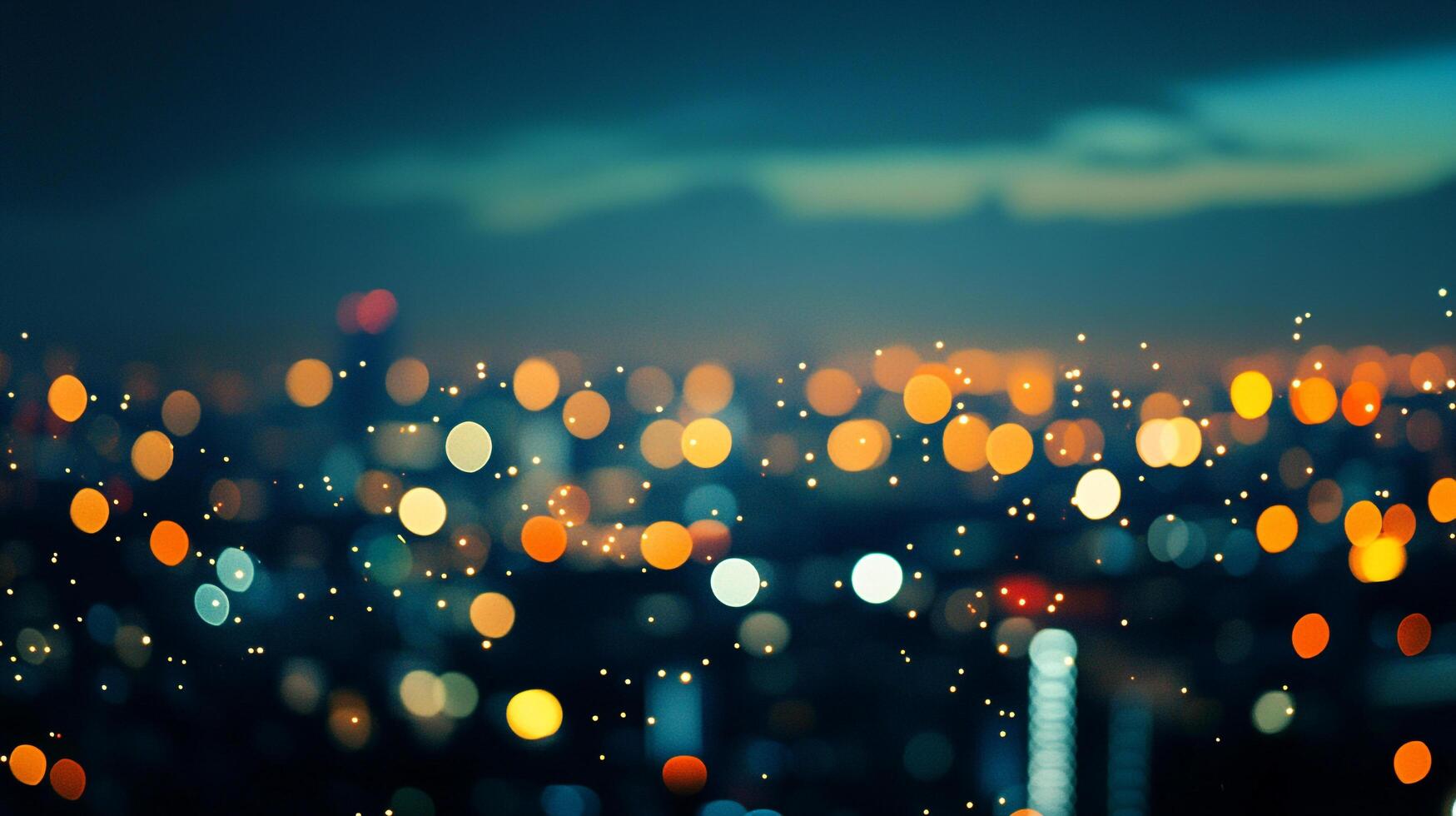 Blurred city lights create a vibrant bokeh effect against the night sky, offering a dreamy urban landscape in soft focus. photo