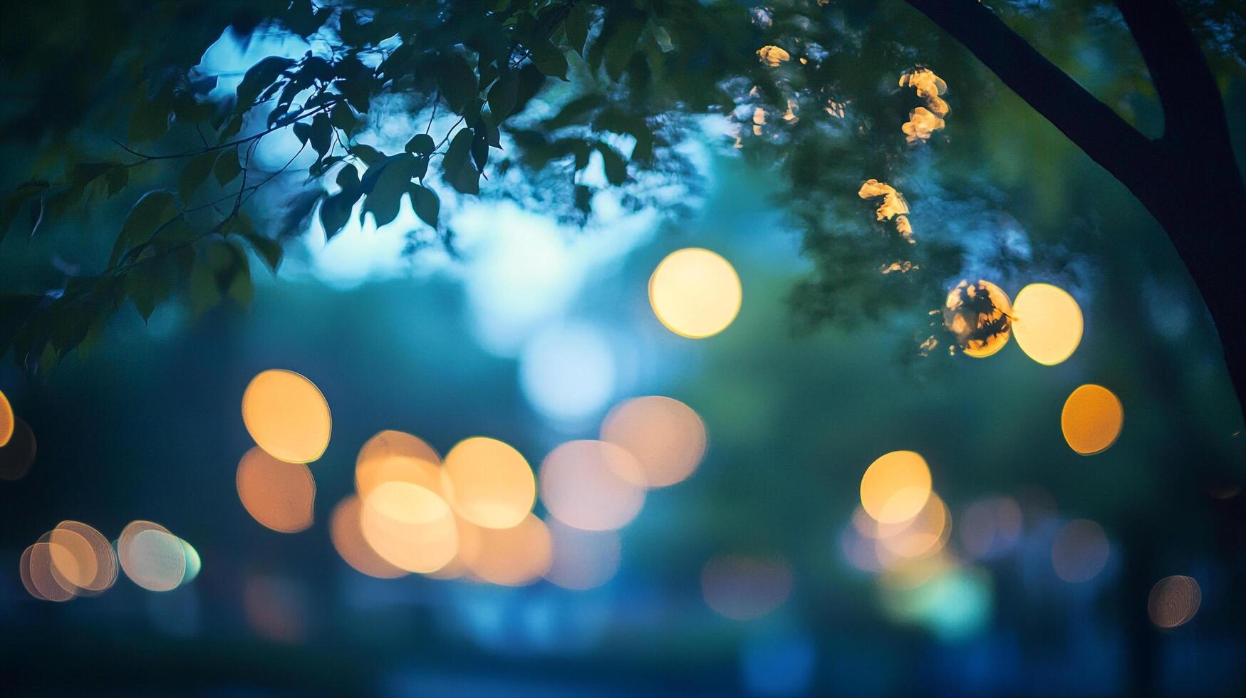 Dreamy bokeh lights dance beneath the trees, casting a soft glow on a tranquil night. Ethereal ambiance. Unveiling the mystery of twilight. photo
