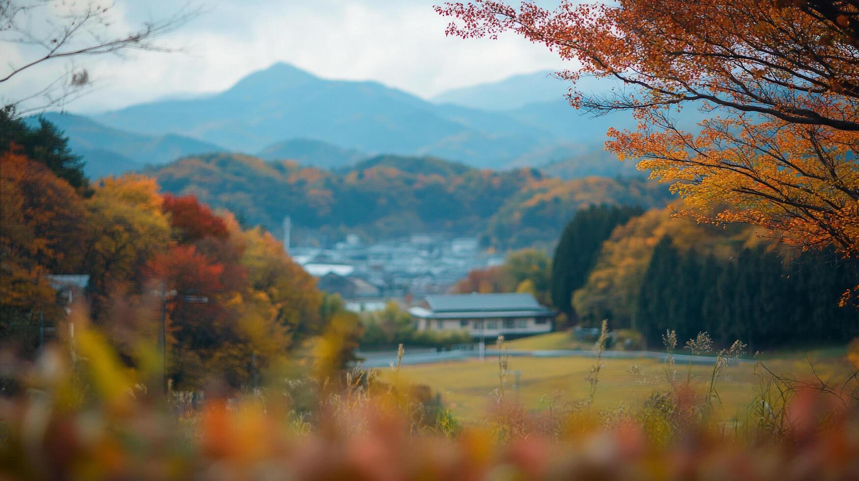 Autumn scene with trees in vibrant colors overlooking a valley, mountains, and a town in the distance. A peaceful scenic view. photo