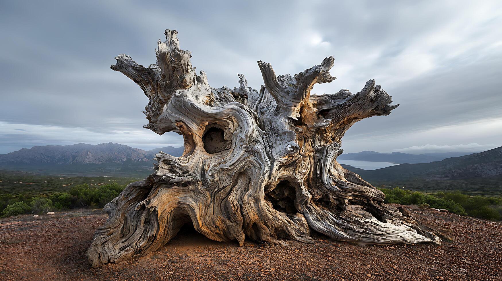A large tree stump on a hillside photo