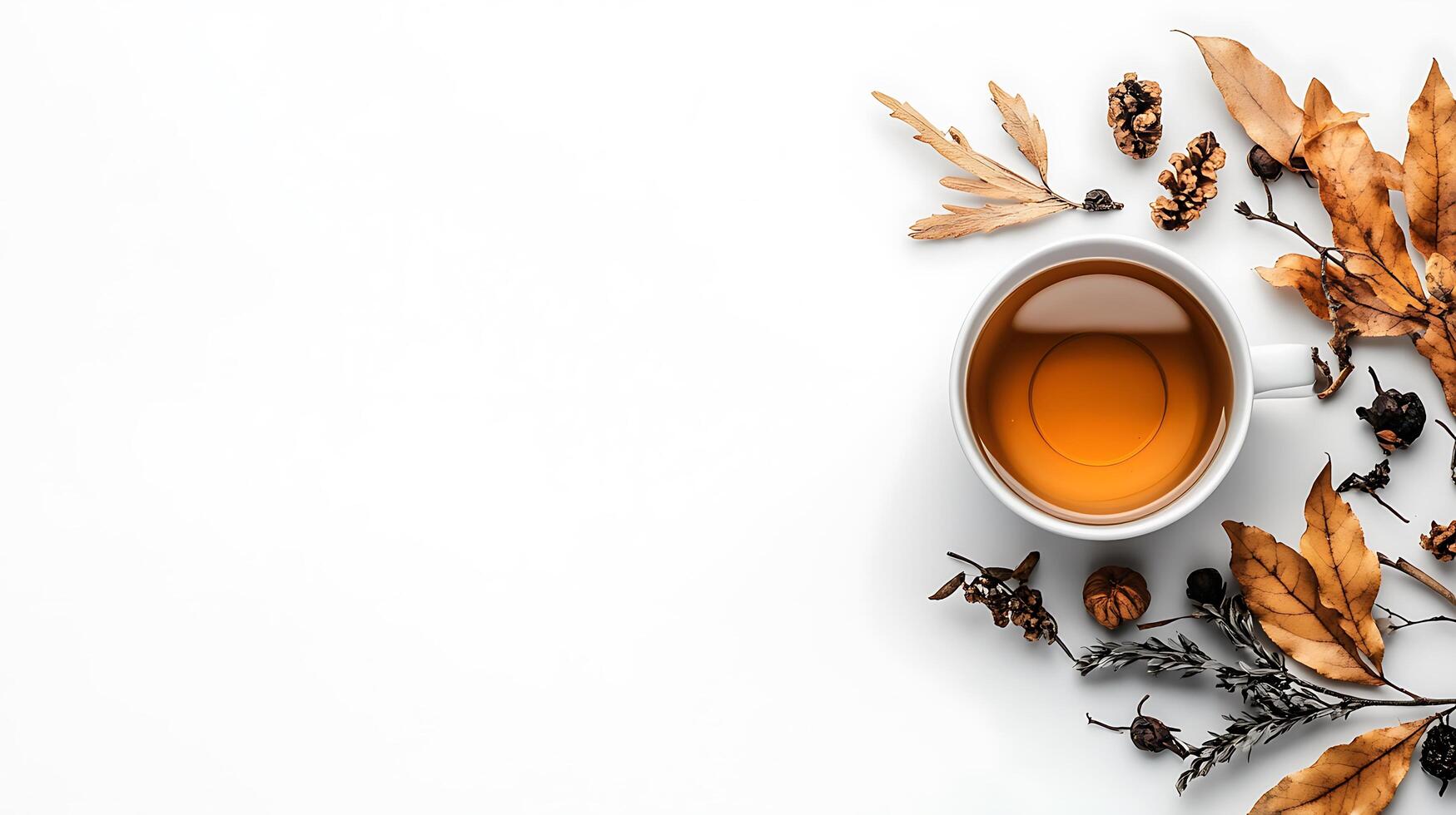 Top view of tea cup with leaves and dried leaves on white background photo