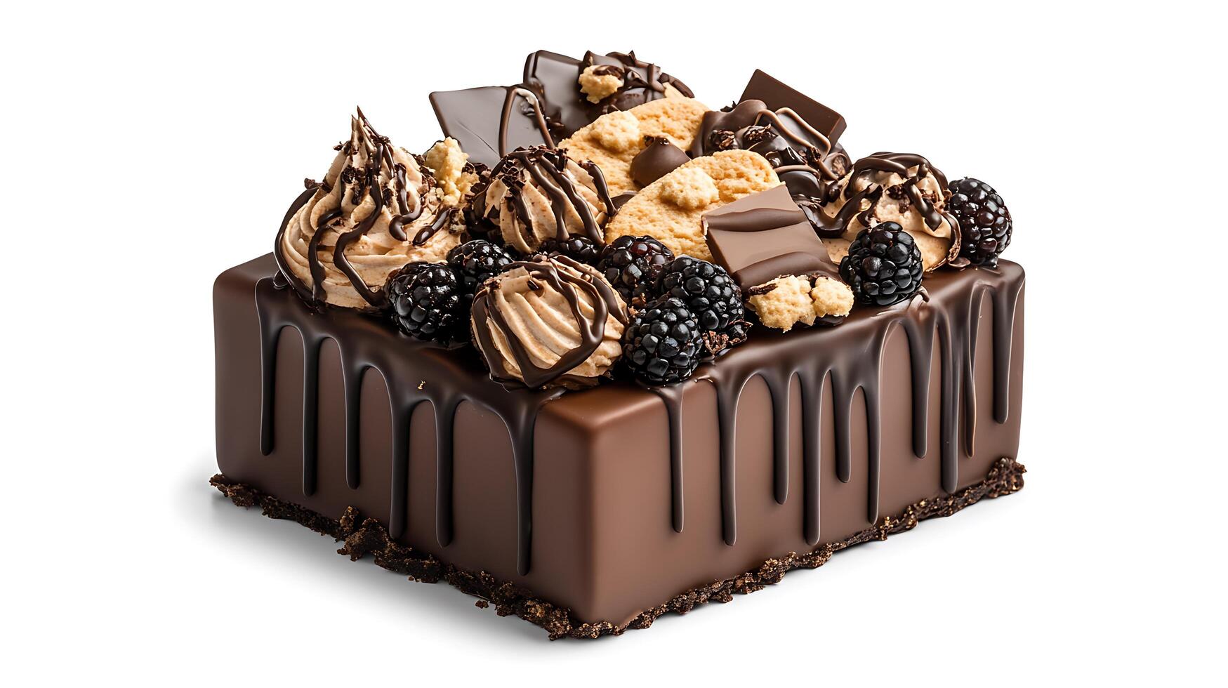 A chocolate cake with berries and nuts on top photo
