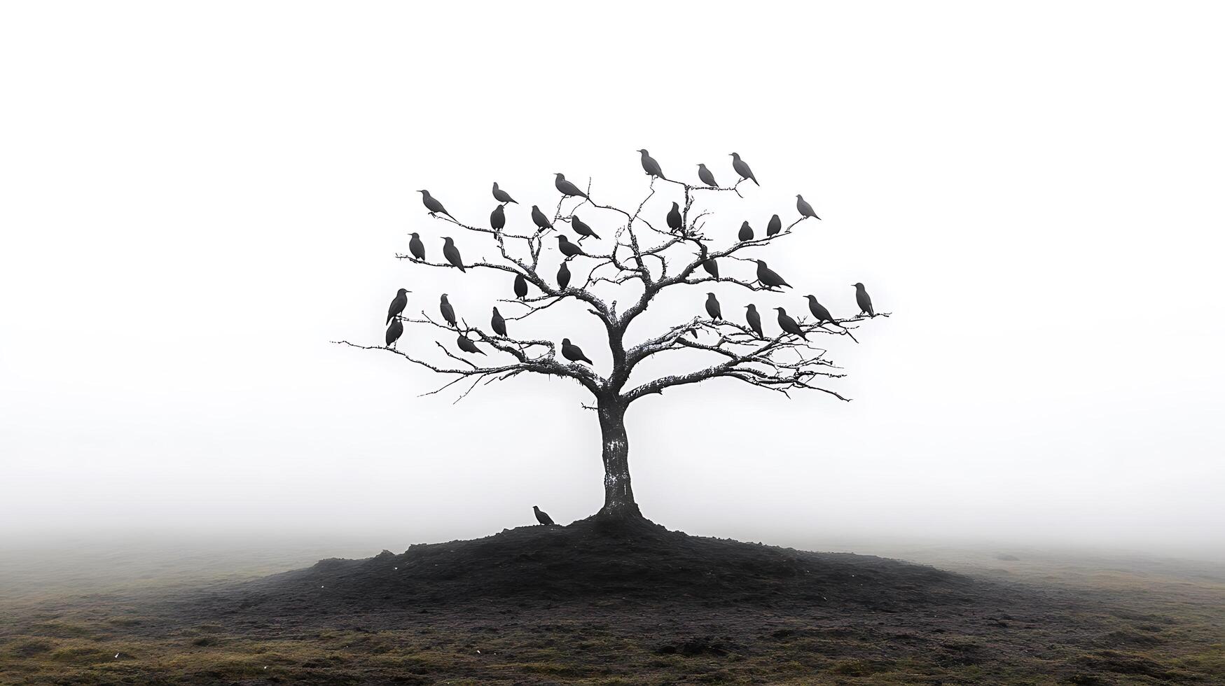 A tree with birds sitting on it in the fog photo