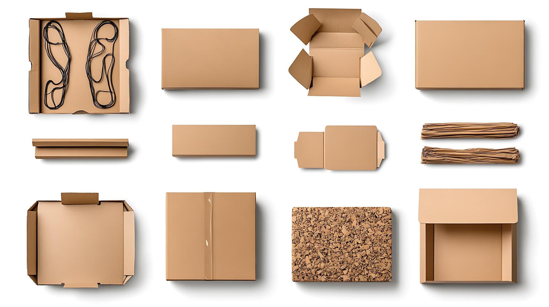 Various cardboard boxes and packaging materials on a white background photo