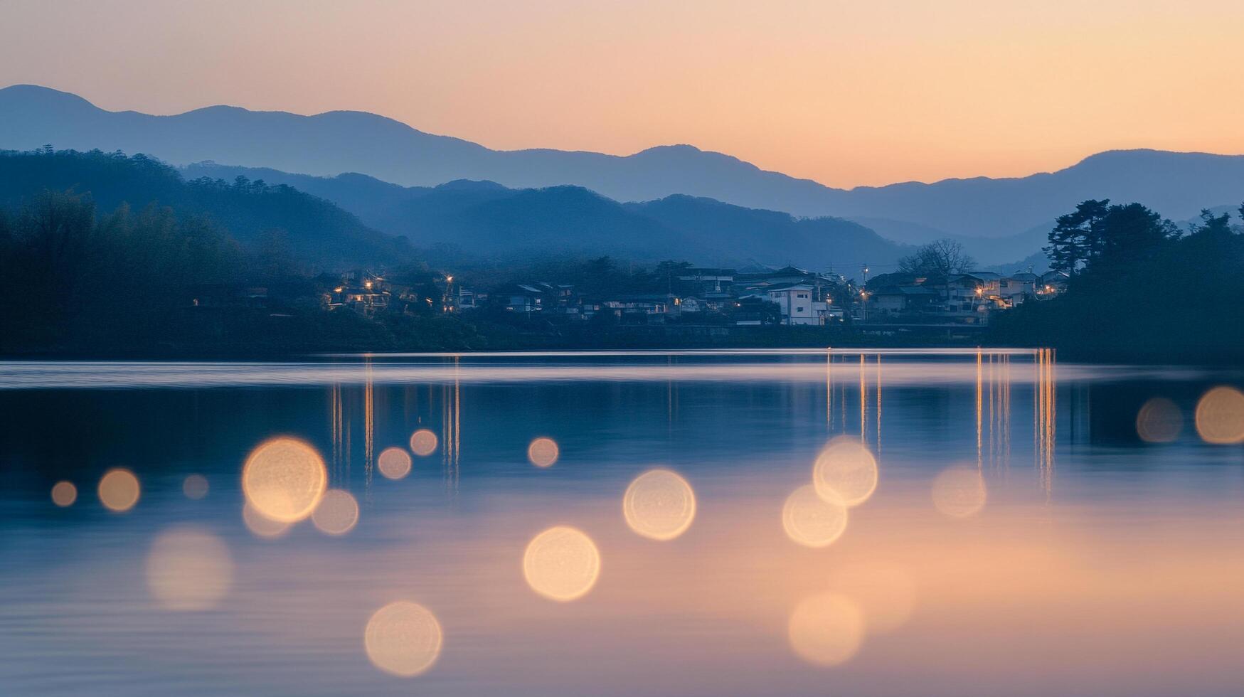 Still lake reflects the twilight sky, with soft bokeh lights dancing on the water's surface and mountains framing the horizon. photo