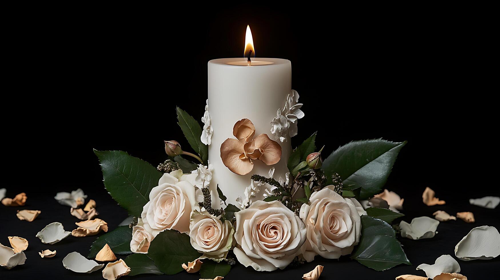 A candle with roses and leaves on a black background photo