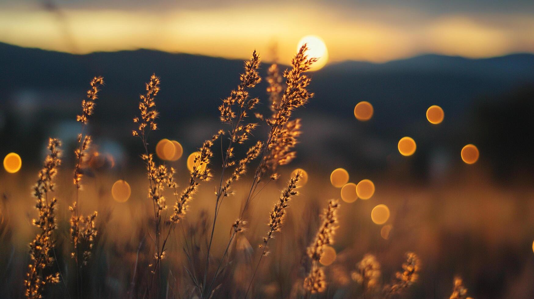 Golden hour illuminates field grass against blurred twilight. Serene landscape with sun setting over distant mountains. photo