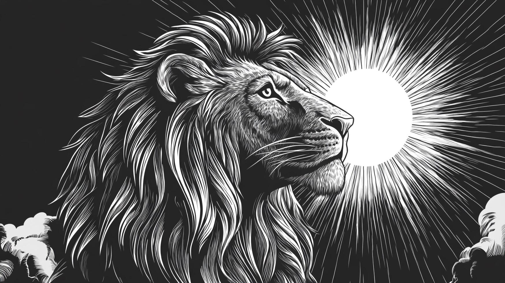 Majestic lion portrait in monochrome art, radiating strength and wisdom under the bright light. Striking composition of power and serenity. photo