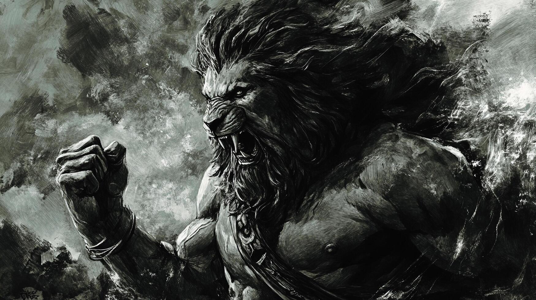 Fierce lion-man hybrid, rendered in striking monochrome art style. Roaring with power, showing muscle, rage, and an aura of invincibility photo