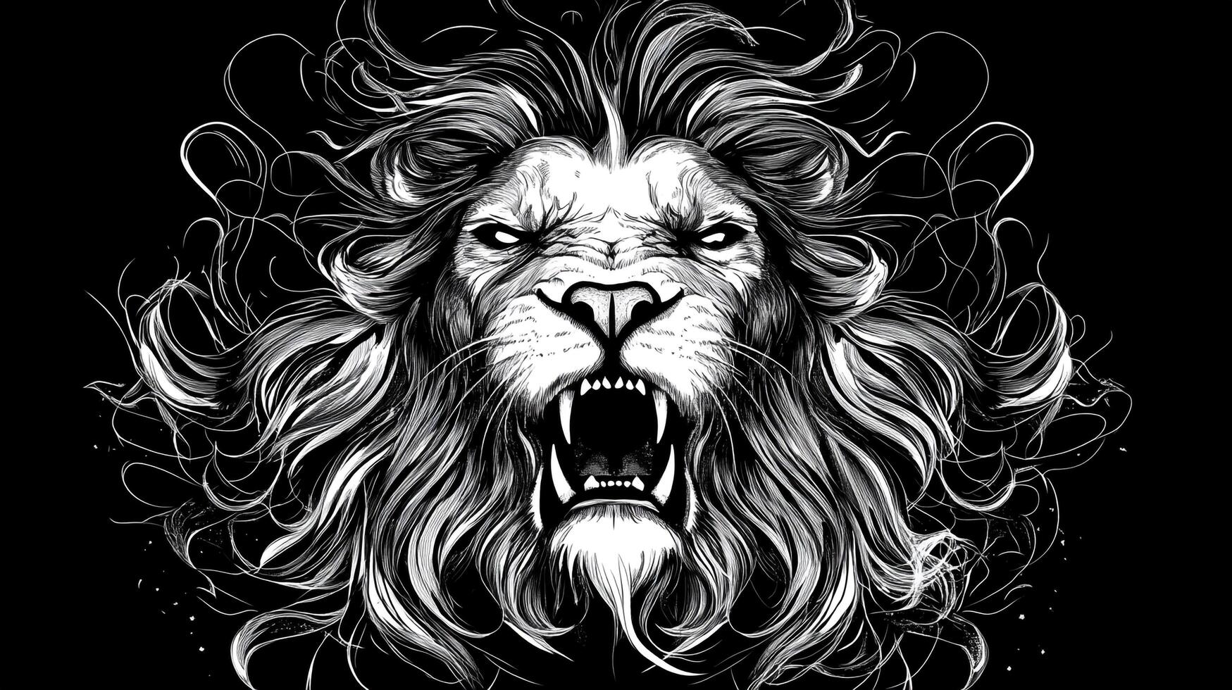 An imposing lion's face, depicted in black and white with intricate line work, conveys power and intensity against a stark black backdrop. photo