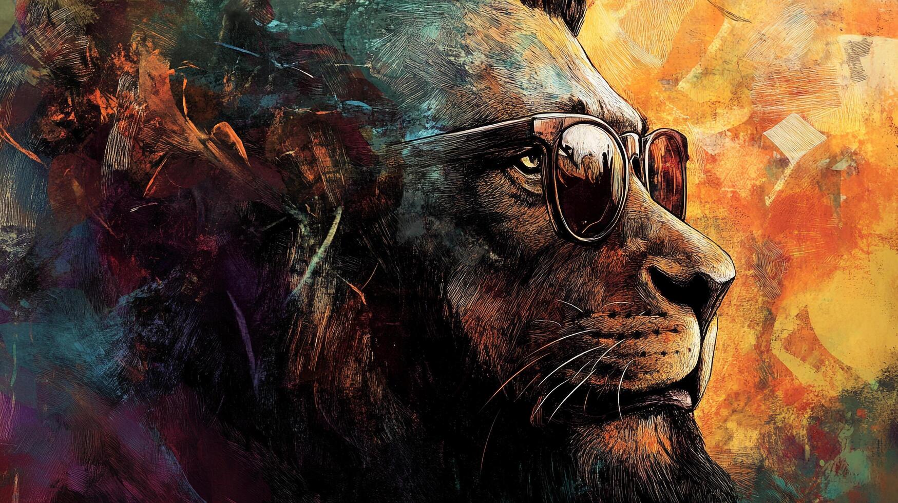 A lion's profile, enhanced by sunglasses, blending strength and style in a modern and expressive artistic portrayal. photo
