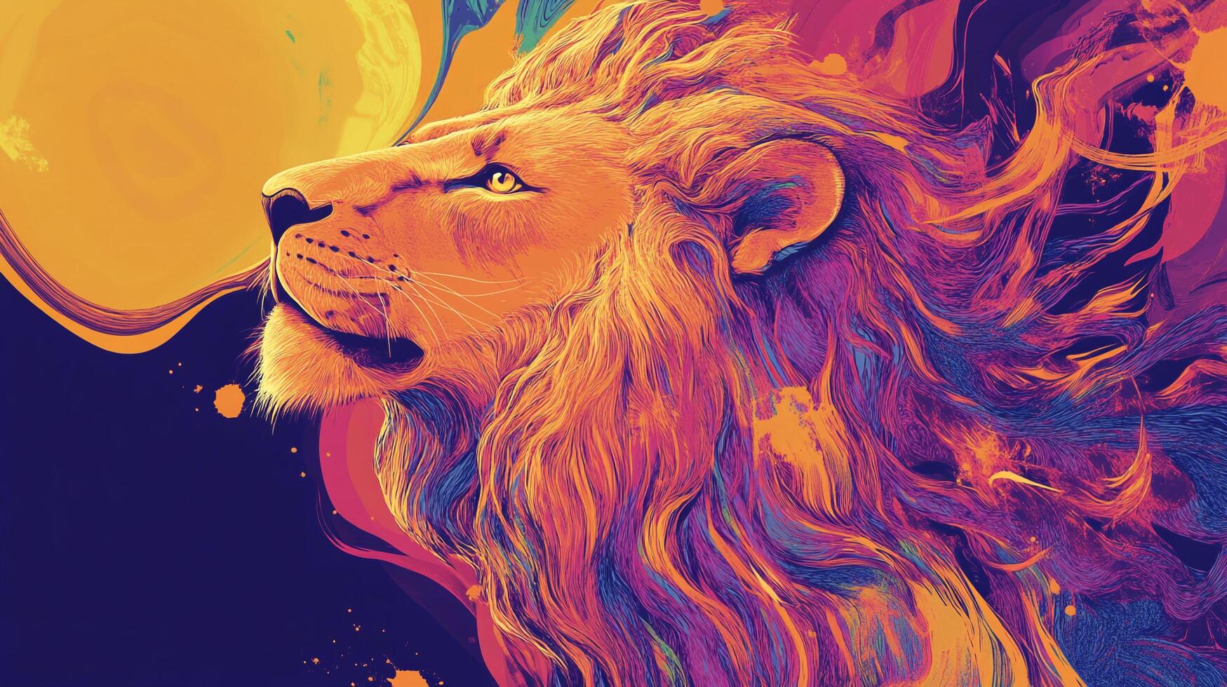 A colorful and stylized digital artwork of a majestic lion with an orange mane and a golden eye against a dark background with yellow accents. photo