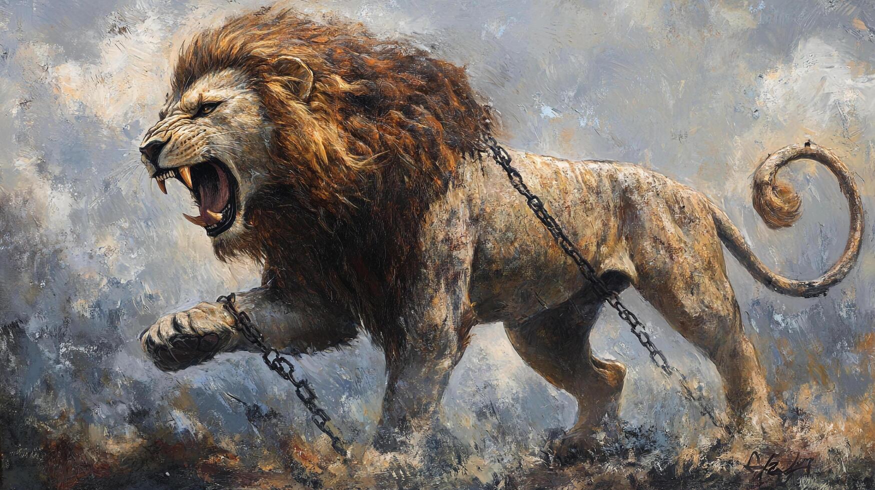 Roaring lion with chain, portraying power, aggression, and captivity in a dramatic and expressive art style. Captivating animal portrait. photo