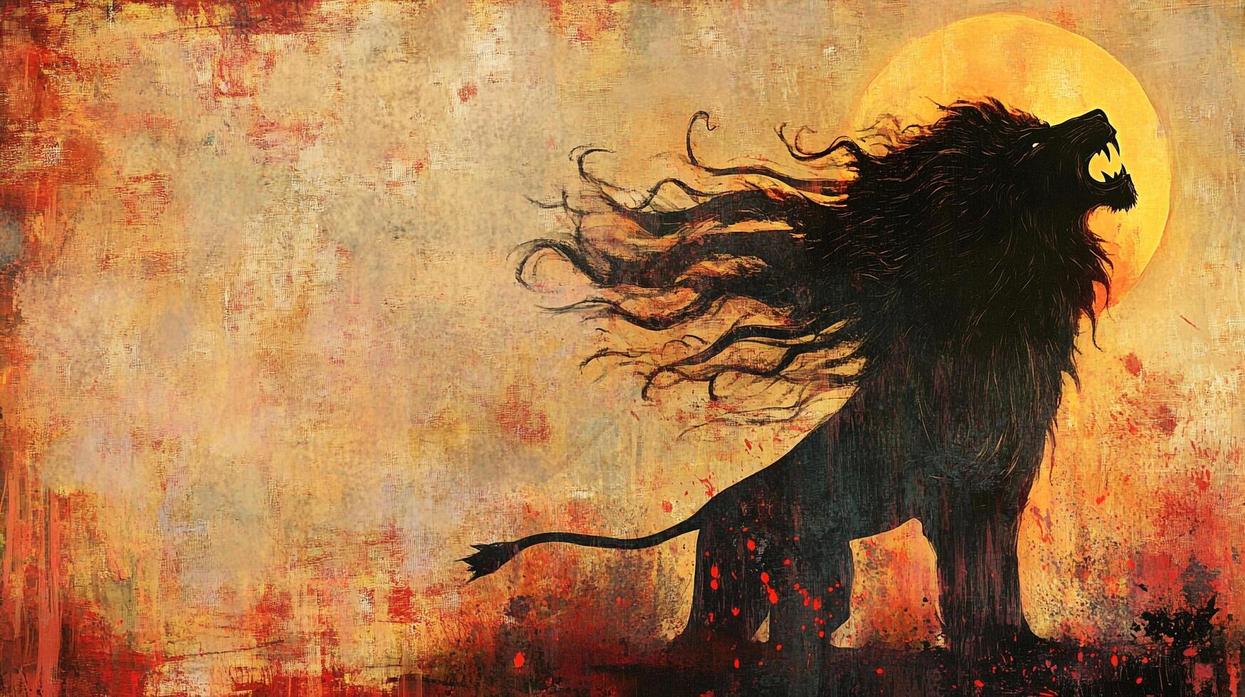 Silhouette of a roaring lion with flowing mane against a textured backdrop and a large yellow sun, evoking power and majesty. photo