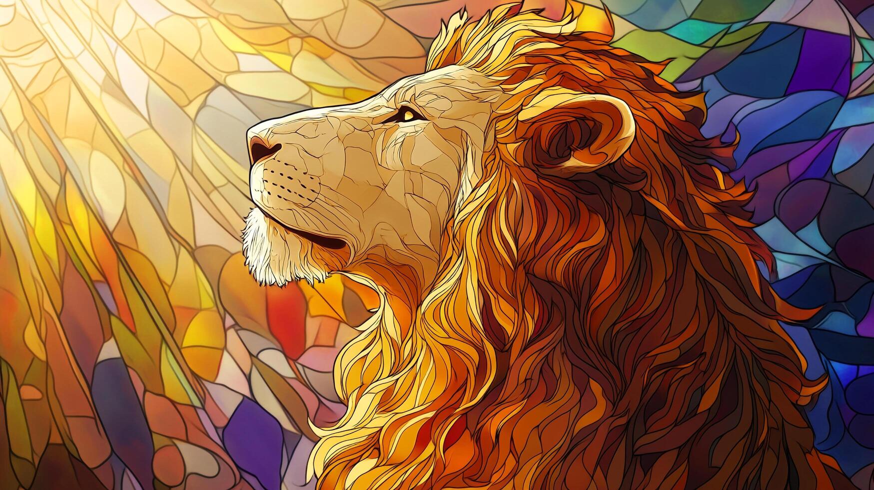 A vibrant, stylized lion gazes upwards against a background of colorful geometric shapes, radiating light and majesty in digital artwork. photo