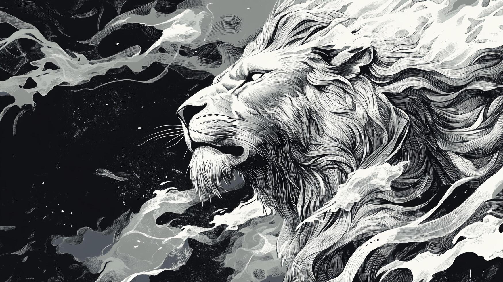 Majestic monochrome portrait of a regal lion, its mane flowing amidst swirling smoke, evoking power and mystique. photo