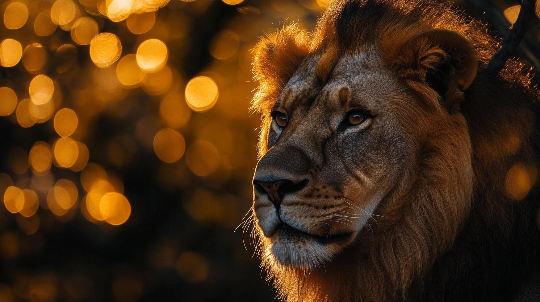 A majestic lion gazes intently, its golden mane illuminated by a soft, warm light, showcasing its regal strength and fierce beauty. photo