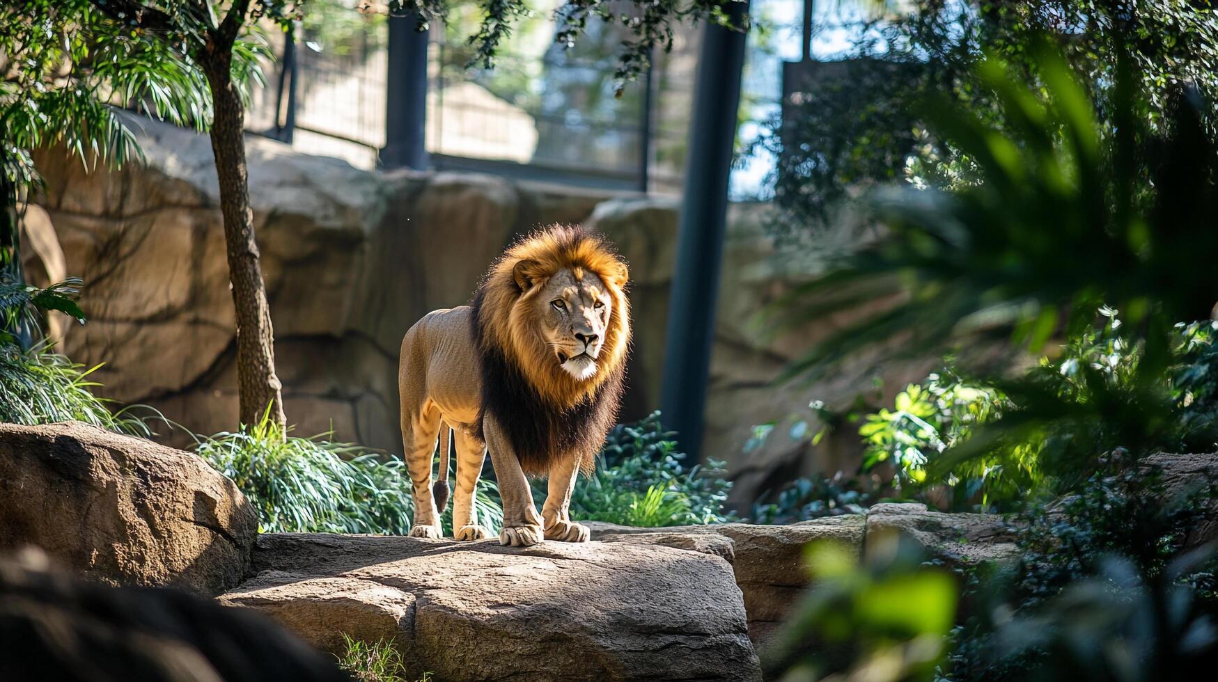 Majestic lion with a rich mane stands tall on a rocky outcrop, exuding regal presence against a backdrop of lush foliage and rock formations. photo
