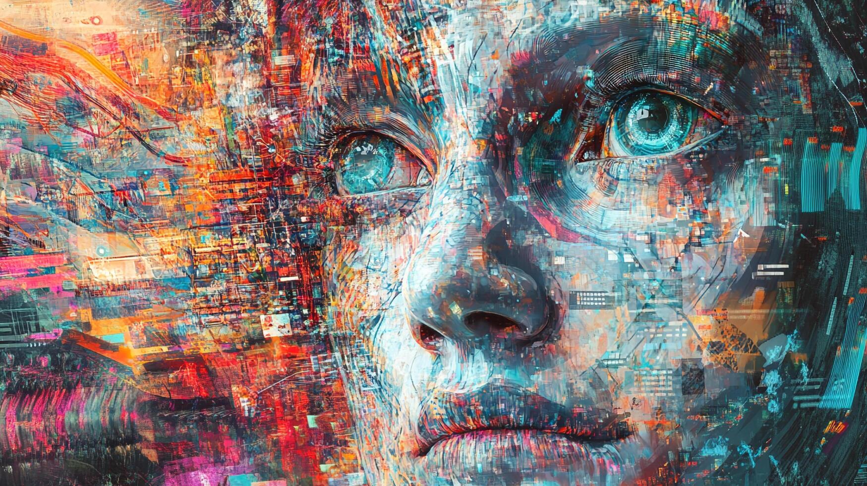 Digital persona emerges from chaos, eyes bright with an intricate network of colors, blurring the line between human and technology. photo