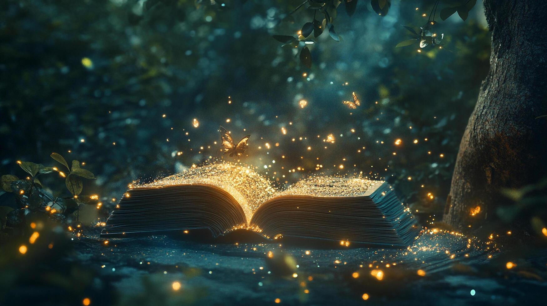 Enchanting open book emitting magical golden lights and butterflies in a dark forest, a dreamy and mysterious fantasy scene. photo