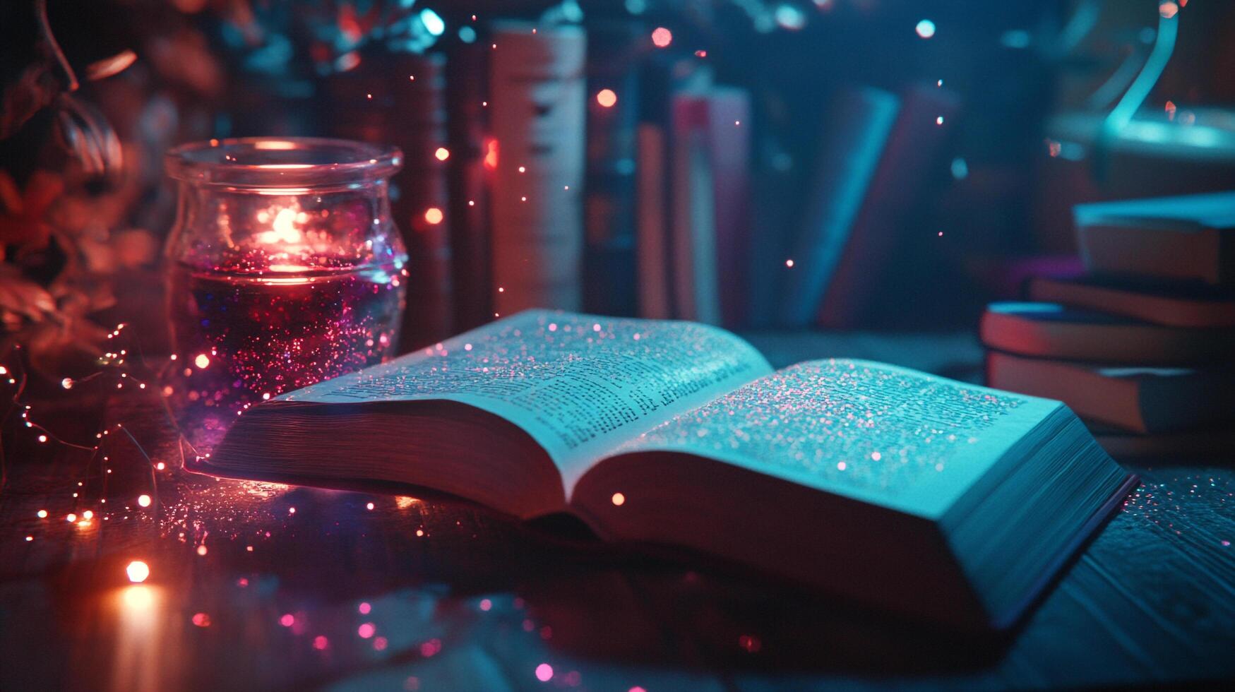 An open book sits on a table, lit by fairy lights and a jar candle, creating a magical reading atmosphere. Sparkles add a touch of whimsy. photo