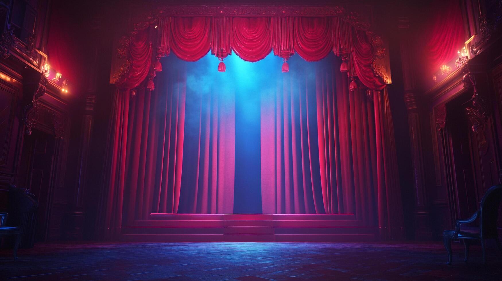 A grand theater stage bathed in dramatic blue and red lighting, featuring plush red curtains and ornate architectural details. photo