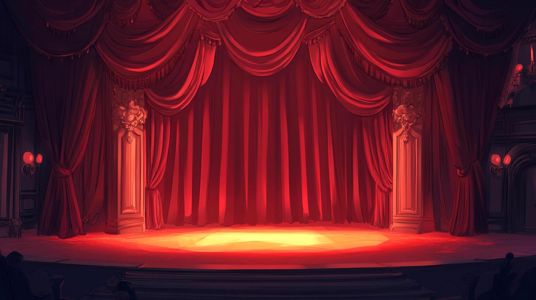 A theatrical stage bathed in red light, draped with heavy red curtains, evoking a sense of drama, performance, and anticipation. photo