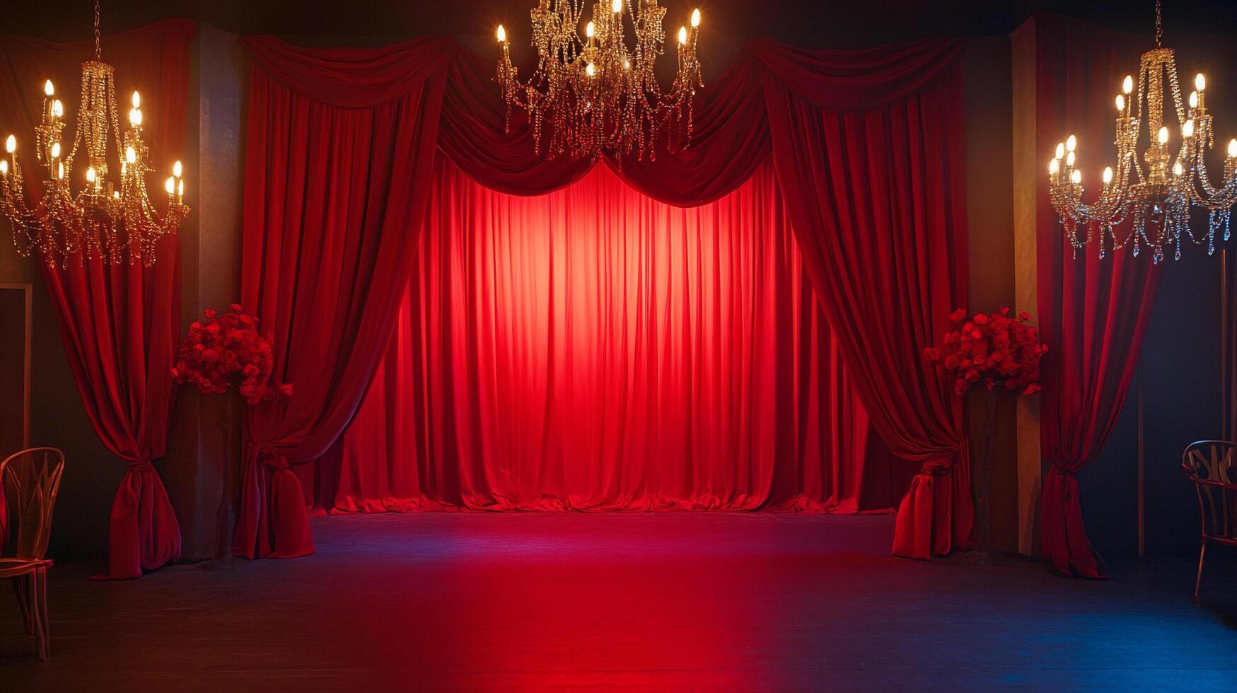 Opulent stage set with lush red curtains, dazzling chandeliers, and elegant floral arrangements creating a dramatic ambiance photo