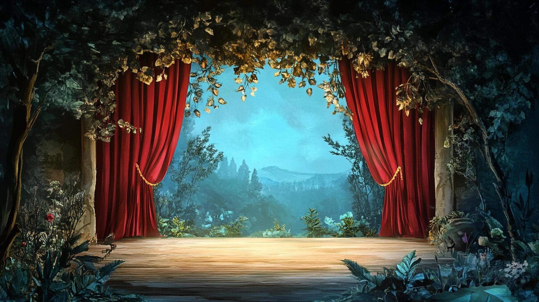 An enchanting forest stage with red curtains, framed by lush trees, opens to a misty mountain view, creating a magical, theatrical spectacle. photo