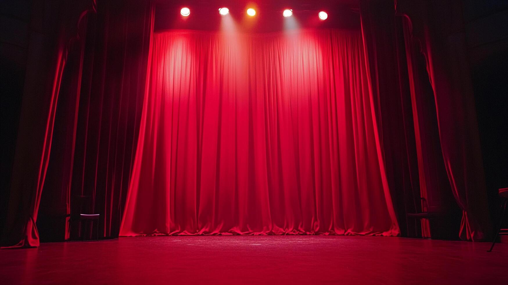 A theatrical stage bathed in vivid red light, featuring draped curtains and an invitingly empty performance space, creating a sense of drama. photo