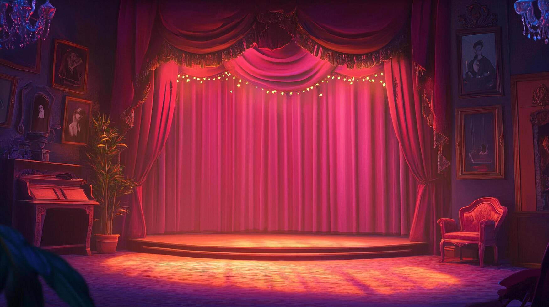 A grand, red-curtained stage awaits performance under soft lighting, framed by vintage decor for a nostalgic, theatrical atmosphere. photo