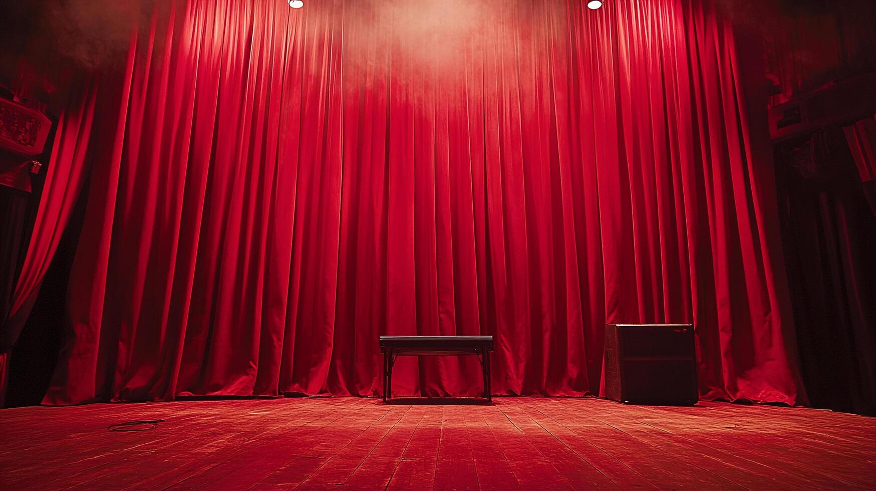 A captivating view of a stage with closed red velvet curtains and a wooden floor, lit by two spotlights and waiting for the show to start. photo