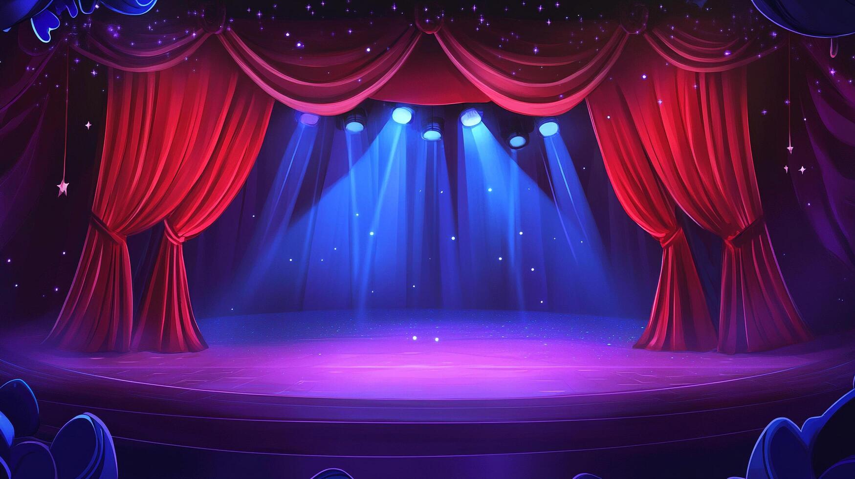 Vibrant stage with red curtains, luminous spotlights illuminating the stage and scattered starlight decorations adorning the backdrop. photo