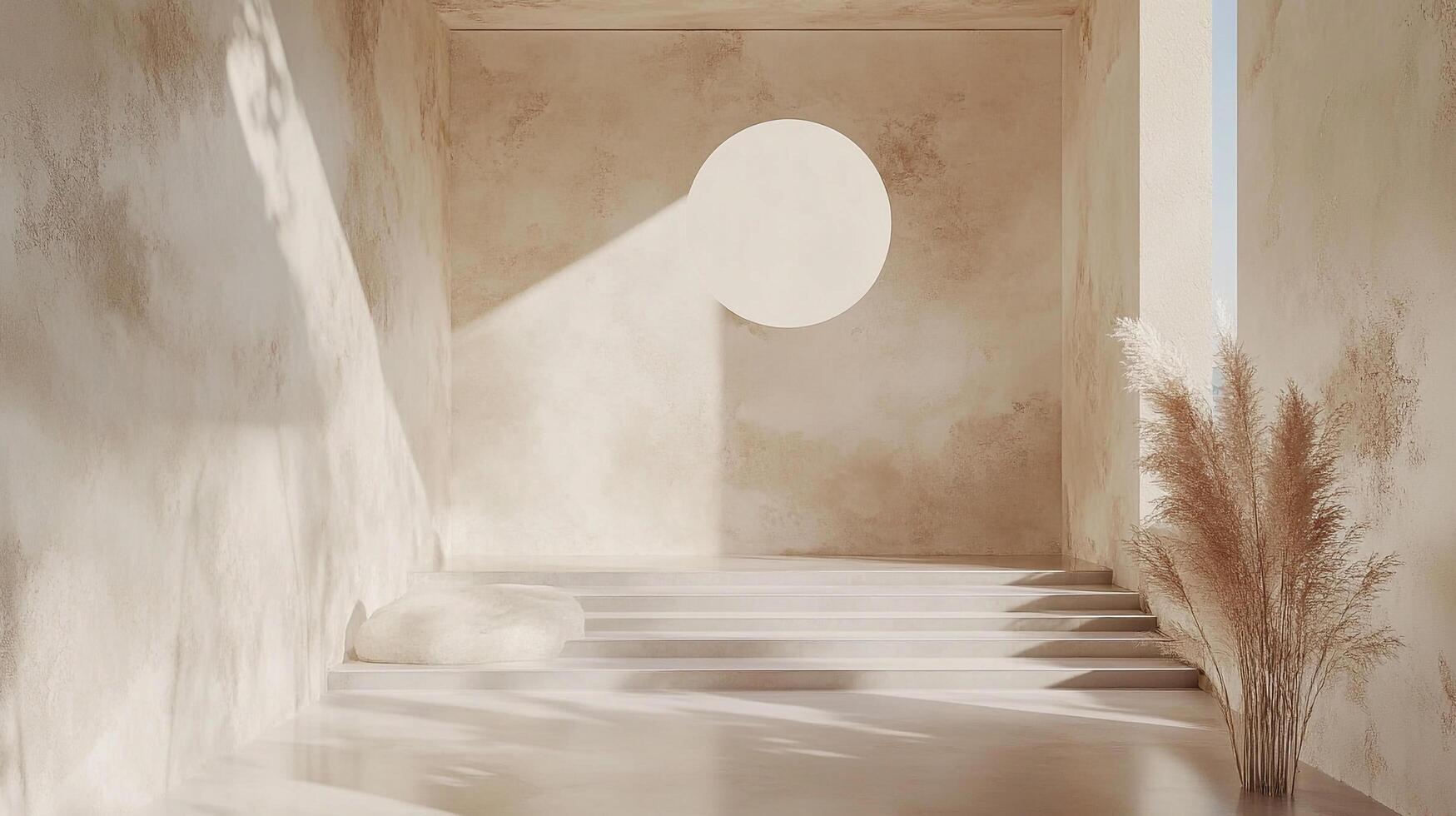 Minimalist interior featuring soft light, textured walls, and neutral tones, creating a serene and modern architectural space. photo