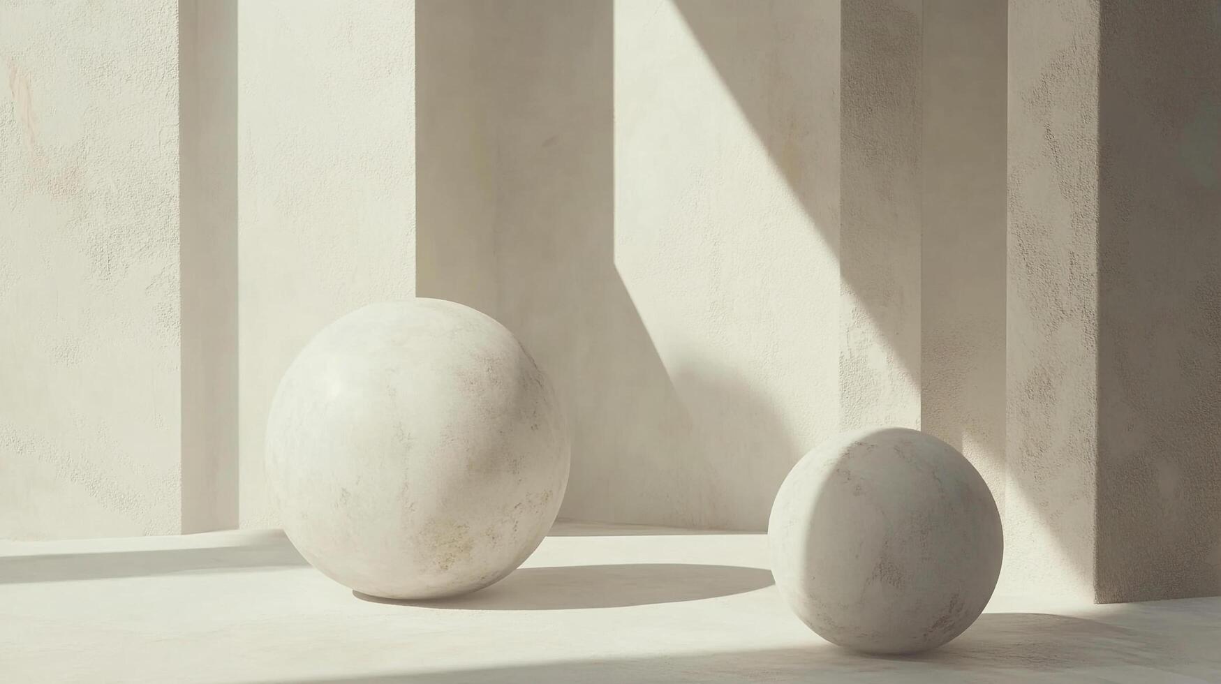 Minimalist architectural scene featuring two spheres bathed in natural light, set against a backdrop of textured walls and geometric columns. photo