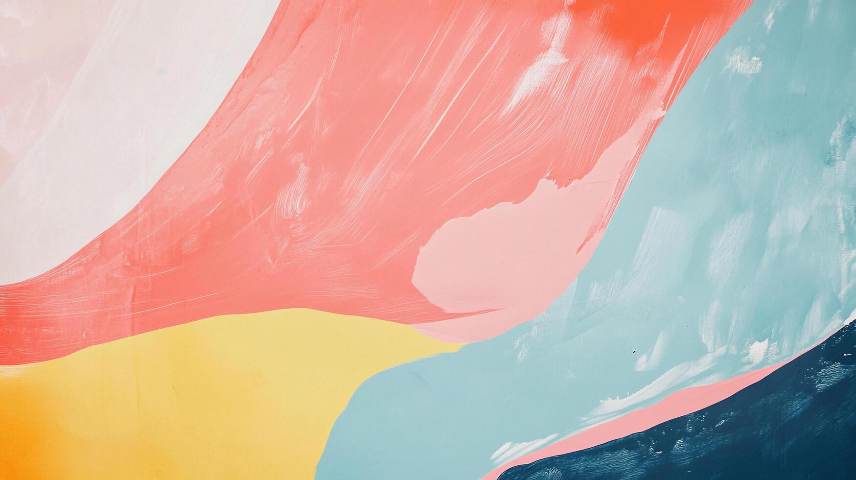 Abstract painting with coral, white, yellow, light blue, and navy brush strokes creating a serene, wave-like pattern. photo