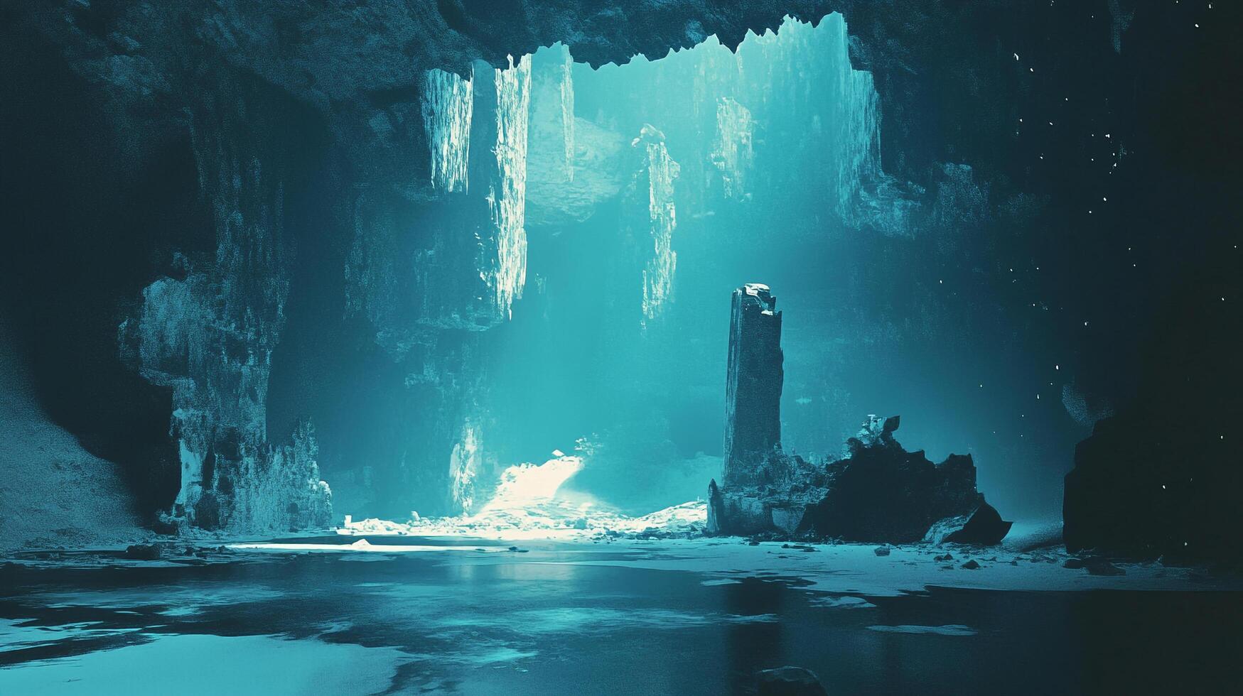Serene turquoise cave interior featuring a pool of water reflecting light, stalactites, and rock formations in an otherworldly setting. photo