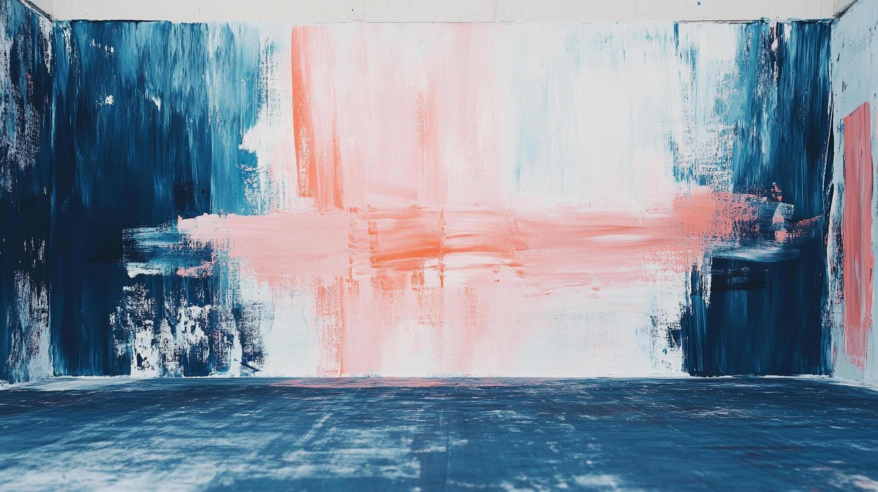 Abstract painting showcases expressive brushstrokes with a blend of blue, pink, and white hues for a modern, artistic statement. photo