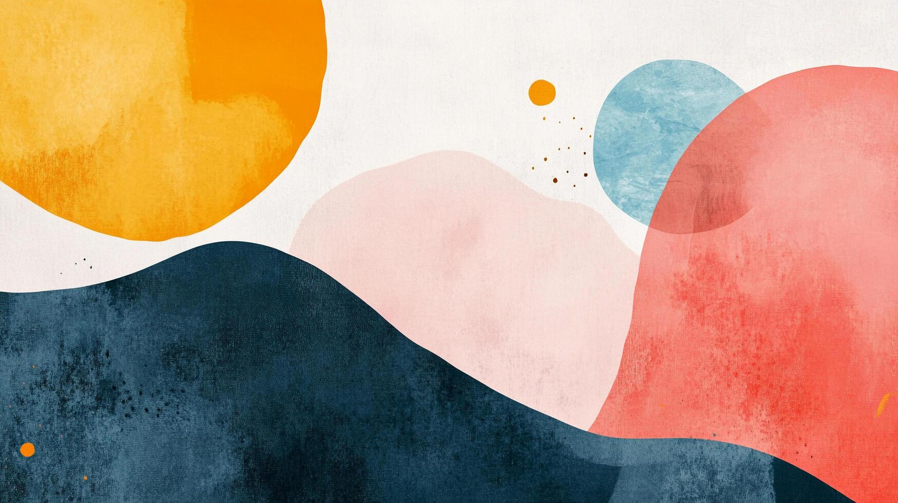 Abstract landscape painting featuring geometric shapes in yellow, pink, blue, and dark teal. A modern art background with textured watercolor. photo