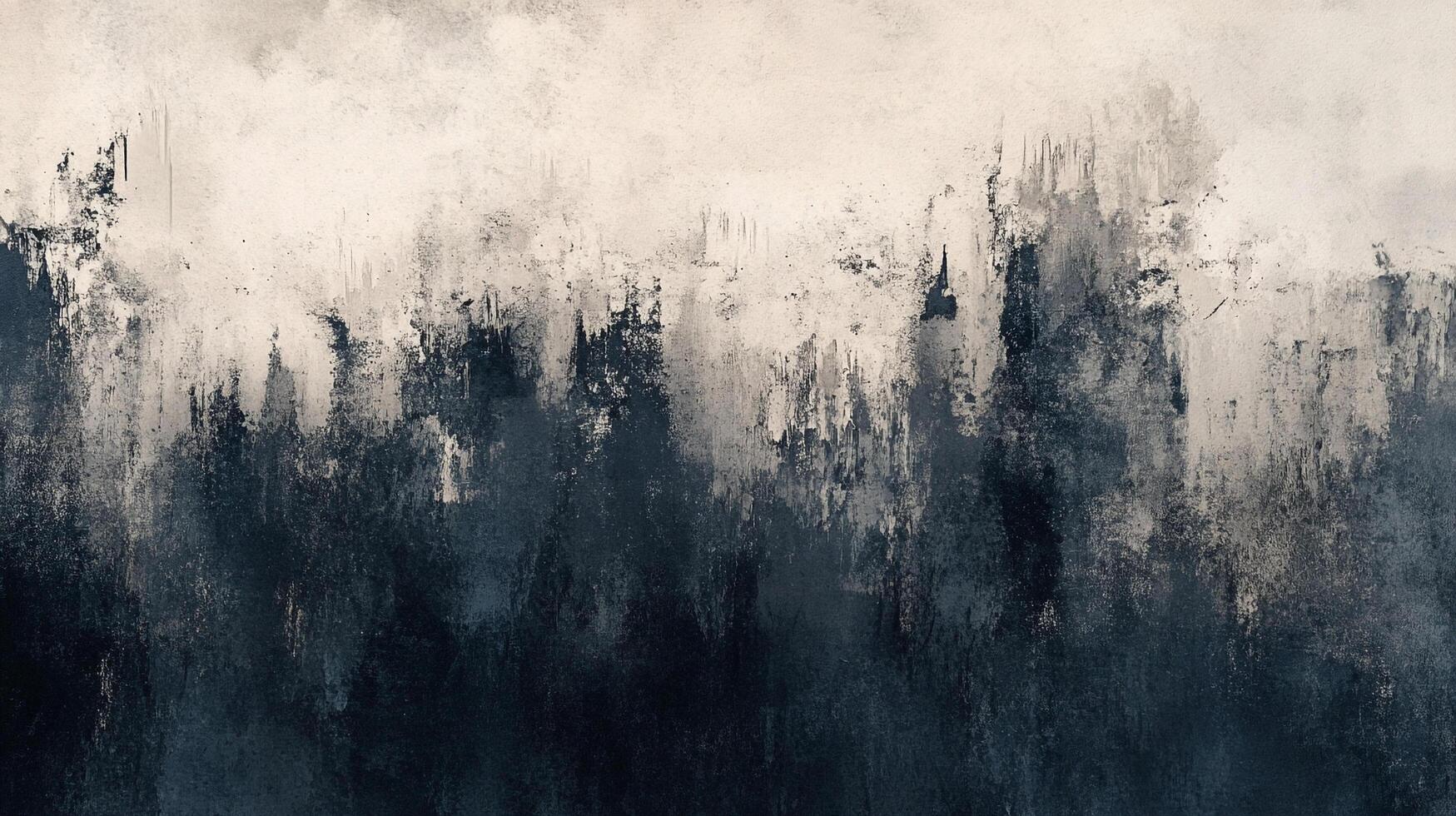 An abstract landscape painting featuring a dark forest against a light sky, showcasing textured brushstrokes and a serene, moody atmosphere. photo