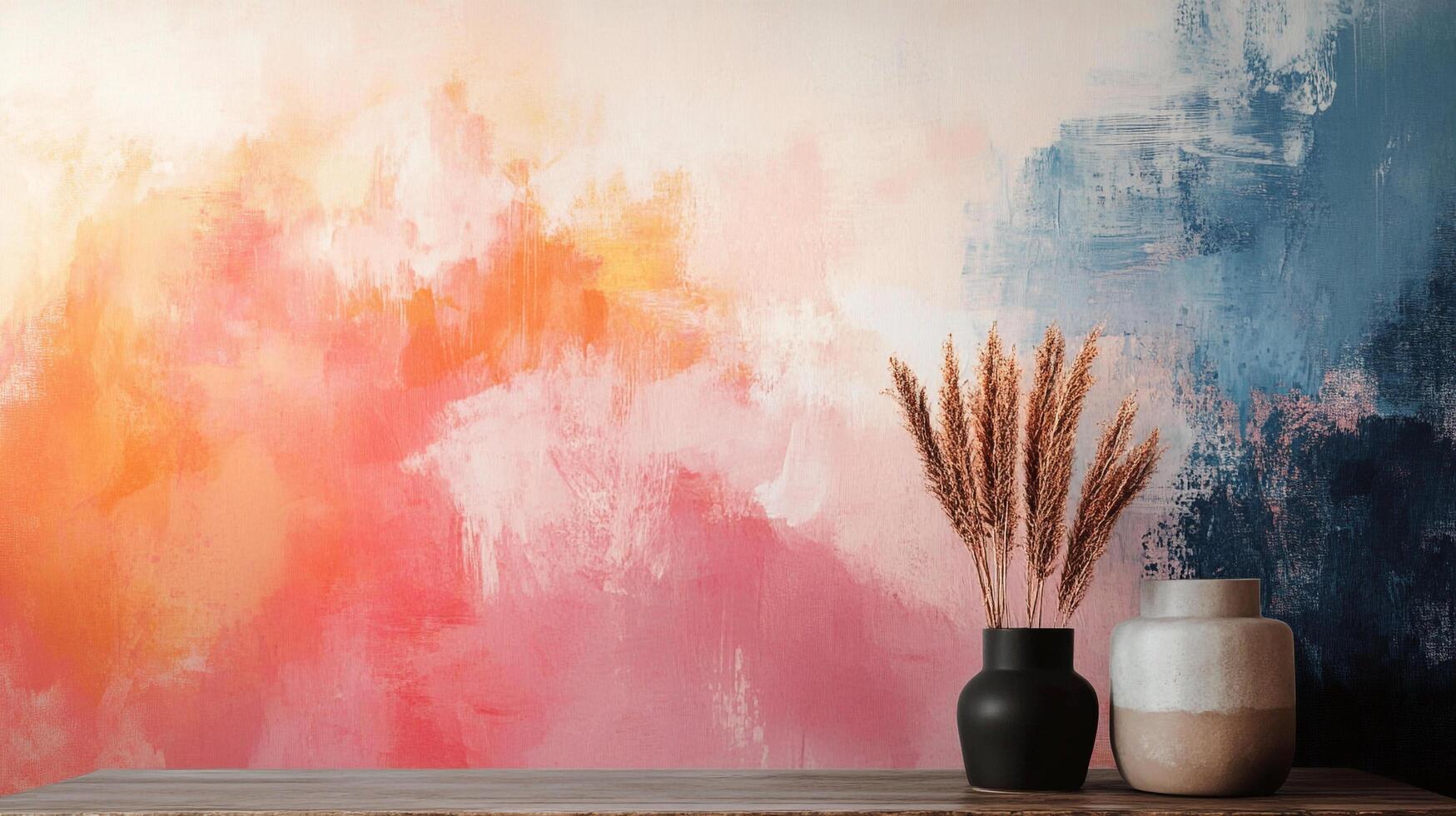 Artistic still life featuring painted backdrop, decorative vases, and dried floral arrangement adding warmth and texture to the abstract scene. photo