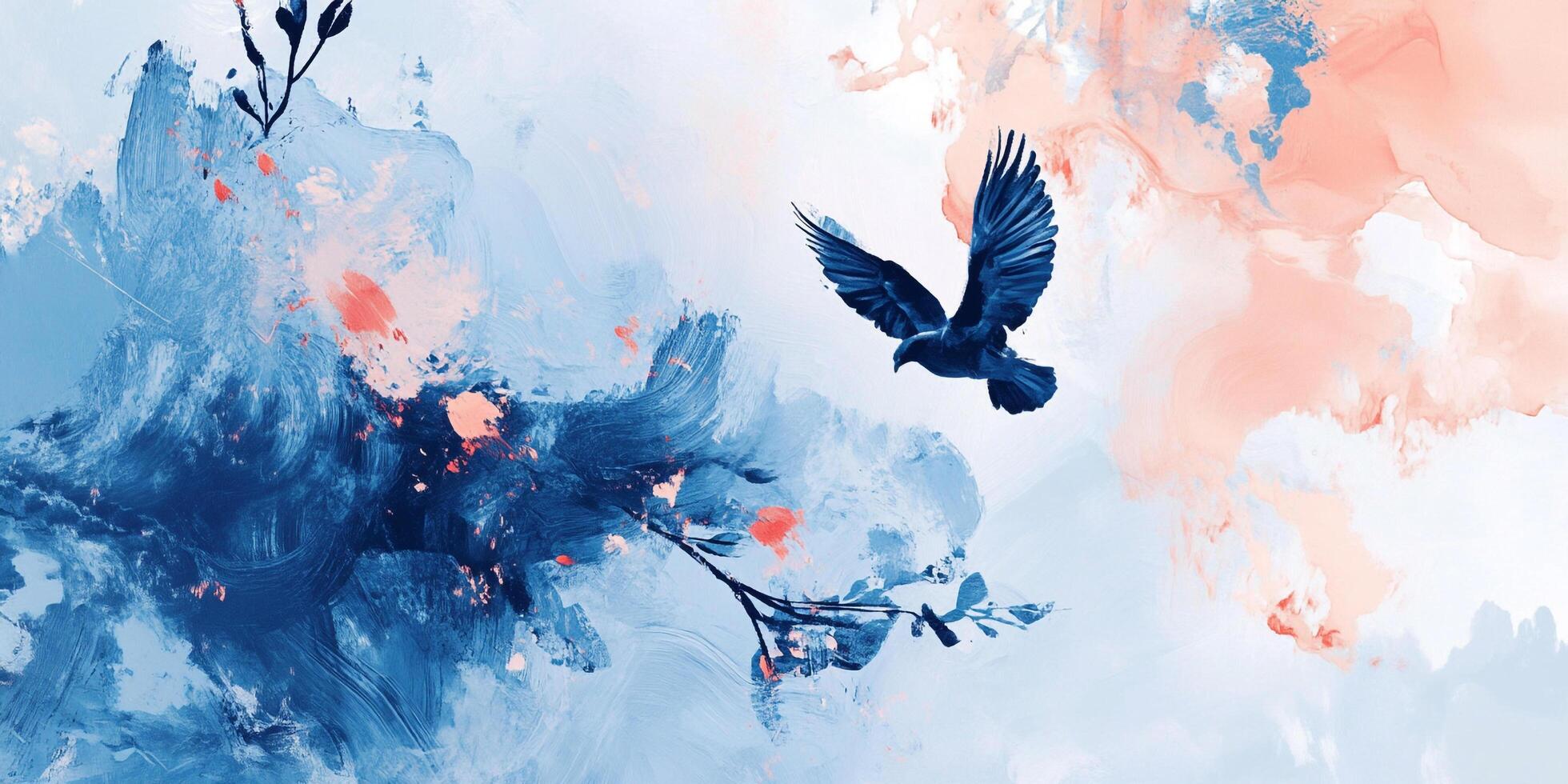 Elegant depiction of a bird soaring amidst abstract floral and cloud-like forms, rendered in soothing blues, pinks, and whites. photo