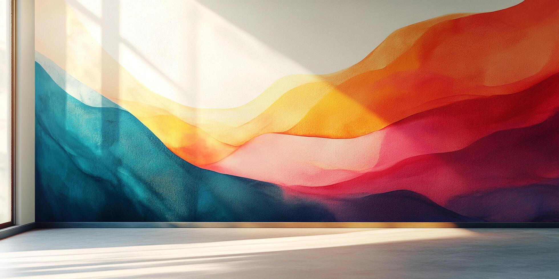 Abstract watercolor wall art in vibrant hues creates a modern and inviting atmosphere, illuminated by soft, natural light. photo